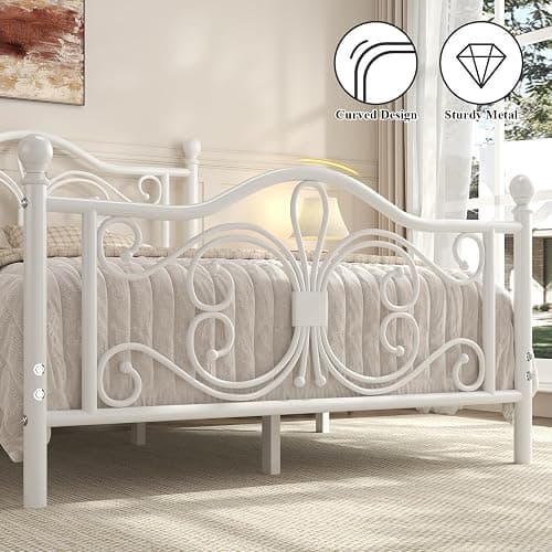 LoVinson Queen Bed Frame, Metal Platform Bed with Butterfly Pattern Design Headboard & Footboard, Heavy Duty Metal Slats, Easy Assembly, No Box Spring Needed, White thumbnail 6