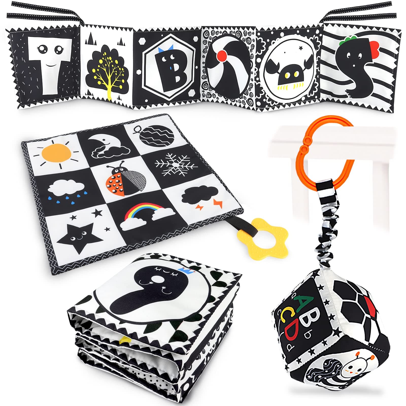 3 Pcs Black and White High Contrast Baby Toys 0-3 Months for Newborn, Montessori Toys for Babies Sensory Soft Book for Early Education, Infant Tummy Time Toys 0 6 9 Months Baby Gifts
