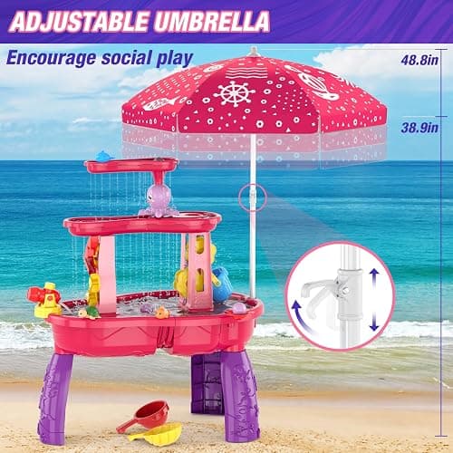 HYES Water Table for Toddlers 3-5, 3-Tier Kids Splash Sand Table Water Toys with Umbrella, Rain Showers Splash Pond for Outdoor Beach Backyard Summer, Activity Sensory Playset for Boys Girls, Red thumbnail 4