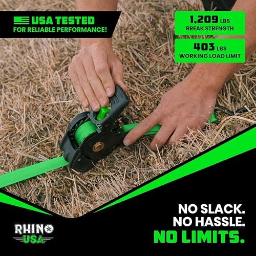 Rhino USA Retractable Ratchet Straps (4-Pack) - 1 Inch x 10 Feet (1,209lb Break Strength) - Auto Self Retracting Tie Down Straps for Truck, Cargo Trailer, Motorcycle, ATV, UTV - Green thumbnail 7