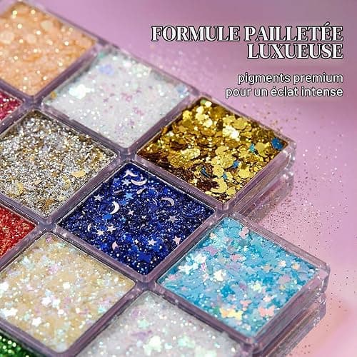 Palette de Maquillage 25 Couleurs Paillettes Visage Iridescentes, Gel Paillettes Corps et Visage Résistant à l'Eau pour Carnaval Festival Soirée, Maquillage pour Fête Adulte et Enfant thumbnail 4