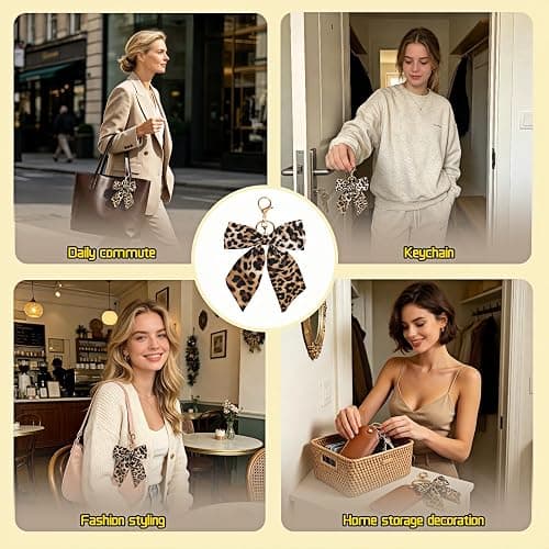 SAYUANVA Leopard Print Bow Keychain, Fabric Ribbon Bag Charm Pendant with Gold Lobster Clasp, Retro Style, 4.72 x 7.87 Inch, for Purses, Bags and Car Keys thumbnail 7
