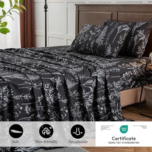 HYPREST Black Sheets Queen,Deep Pocket Sheets, 1800 Thread Count Pattrn Bed Sheets Soft Breathable Cute Printed Boho Farmhouse Bed Sheets, Oeko-Tex Certificated- Up to 18 Inch thumbnail 3