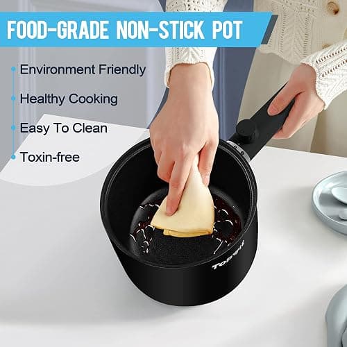 Topwit Hot Pot Electric, 1.5L Ramen Cooker, Portable Non-Stick Frying Pan, Electric Pot for Pasta, Steak, BPA Free, Electric Cooker with Dual Power Control, Over-Heating & Boil Dry Protection, Black thumbnail 5
