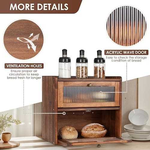 Sunhoo Bread Box for Kitchen Countertop Wooden Bread Storage Container Bin 2 Layer Breadbox Holder Large Capacity Keeper Vintage Farmhouse Food Organizer Pantry Shelf Acrylic Window (Brown) thumbnail 4