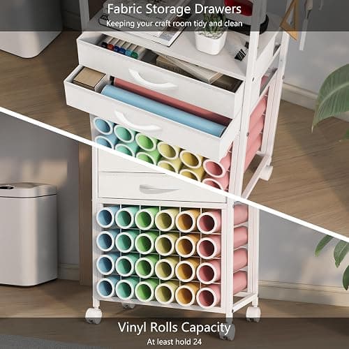 VENNQD Organizer and Storage Stand Compatible with Cricut Machines,Rolling Storage Cart/Shelf with 24 Vinyl Roll Holders，2 Fabric Drawer,Accessories Holder,Tool Hook for Craft Room Home (white) thumbnail 4