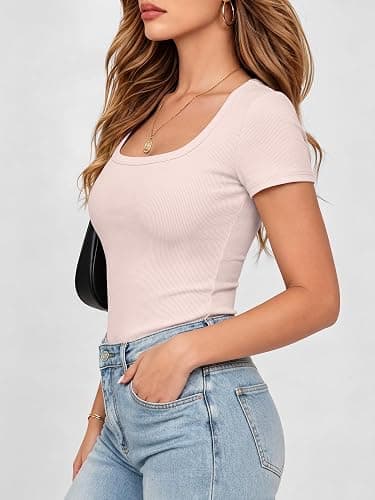 ANRABESS Women Short Sleeve Tops Scoop Neck Ribbed Knit Slim Fitted Basic Tee Shirt Casual Summer Clothes 2026 Spring Outfits thumbnail 3