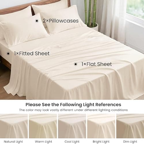 Love's cabin 4 Piece Full Size Sheet Set, 100% Rayon Derived from Bamboo, Cooling & Breathable, Soft Silky Deep Pocket up to 16", Hotel Luxury Bedding for Hot Sleepers, Beige thumbnail 7