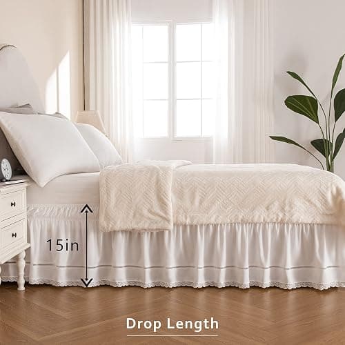 MIYE Wrap Around Ruffled Lace Bed Skirt, Elastic Dust Ruffle with Adjustable Belts,15 Inch Drop Easy to Put On, Bed Frame Cover, Machine Washable (Floral Lace, King/Queen-15) thumbnail 4