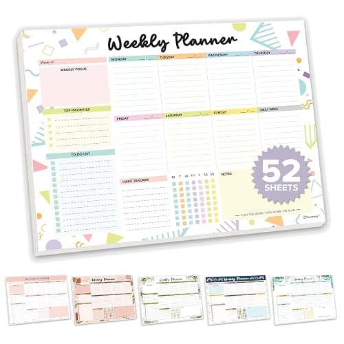 Decorably 52 Sheets Colorful Pastel Undated Weekly Planner Tear Off Pad | Weekly Planner Notepad with 8 Write-In Blocks - 11x8.5in, Week at a Glance Pad, Weekly Calendar, Glue-Bound, Tear Off Design - Image 1