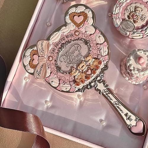 Flower Knows The Sweetie Bear Hand Mirror,Vintage Portable Handheld Mirror,Fancy & Pretty Princess Mirror with Long Handle,Gift for Girls(Creamy Pink) thumbnail 4