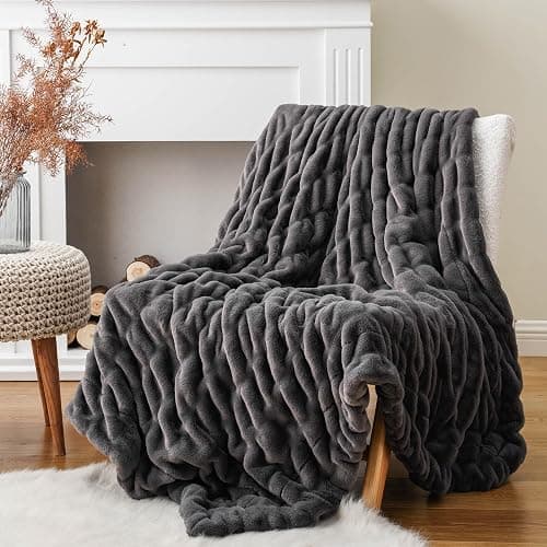 BATTILO HOME Luxury Faux Fur Blanket for Couch, Double Side Ruched Rabbit Fur Blanket Supper Soft Throw Blankets for Bed, Cozy Blanket, 50“x60 thumbnail 8