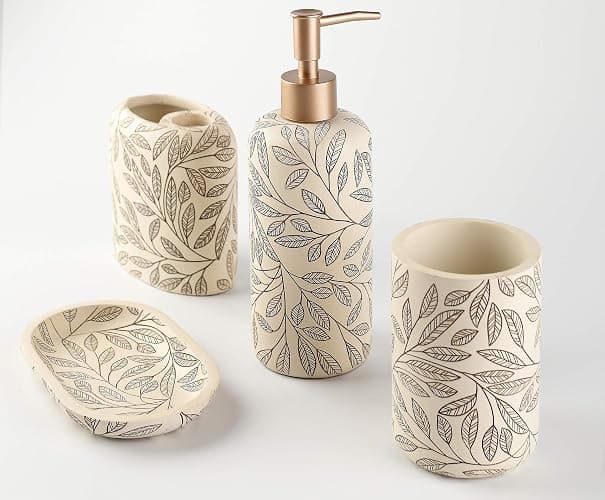 Hymmah Bathroom Accessories Set,Toothbrush Holder,Farmhouse Bathroom Decor,4 Pcs Resin Gift Set Apartment Necessities, Contain Toothbrush Cup,Soap Dispenser,Soap Dish,Tumbler thumbnail 3