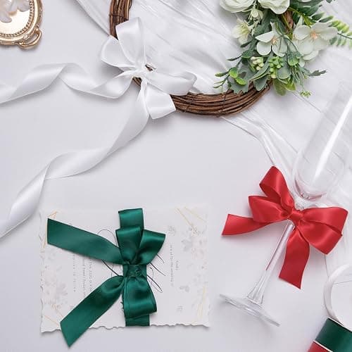 QIANF Red/Dark Green/White Double Face Satin Ribbon 1 Inch x 45 Yards Fabric Ribbon for Gift Wrapping, Flower Bouquets, Hair Bows Making, Wedding Decoration, Christmas (3 Rolls *15Yd) thumbnail 6