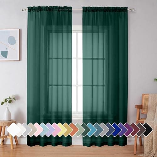 Simplebrand Hunter Green Sheer Curtains 84 Inches Long 2 Panels, Light Filtering Rod Pocket Solid Color Window Sheer Curtain Panels, Elegant Curtains & Drapes for Living Room, Bedroom, 42" W x 84" L - Image 1