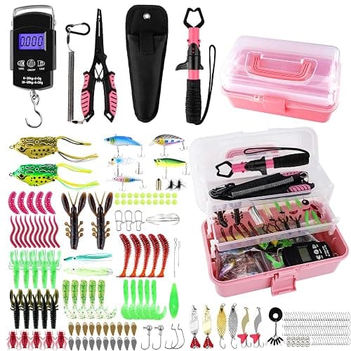 3-Layer Pink Fishing Tackle Box with Tackle Included, Fishing Gear Kit Includes Pliers Fish Lip Gripper Scale Crankbait Spinnerbaits Soft Baits Hooks, Ideal Gift for Angler Saltwater Freshwater - Image 1
