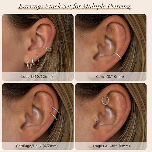 Sterling Silver Hoop Earrings, Hypoallergenic Earrings for Women Men 14k Real Gold Plated Small Huggie Hoop Earrings Stack Set for Multiple Piercing Lightweight Cartilage Helix Conch Hoop thumbnail 6