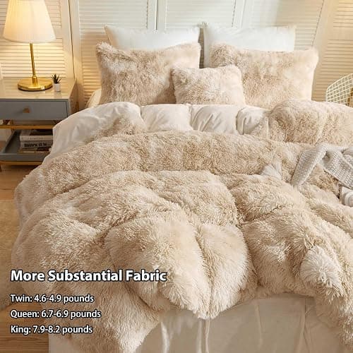 LIFEREVO Luxury Fluffy Faux Fur Duvet Cover Set, Tie Dye Plush Fuzzy Duvet Cover Set(1 Print Shaggy Comforter Cover+2 Furry Pillow Shams) Bedding Set, Zipper Closure(Queen, Light Beige) thumbnail 4