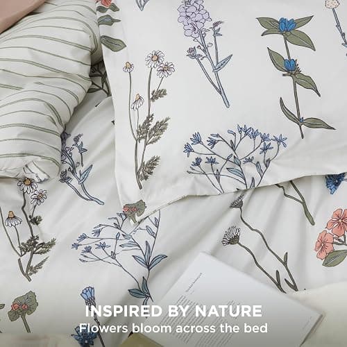 Bedsure Comforter Set Queen Size - Cute Floral Bedding Comforter Set, 3 Pieces, 1 Soft Reversible Coconut White Botanical Flowers Comforter and 2 Pillow Shams thumbnail 4