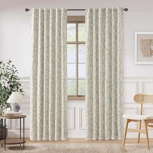Lazzzy Linen Farmhouse Lined Curtains Green Floral 84 Inch Length Back Tab Drapes for Living Room Bedroom Flower Patterned Country Vintage 2 Panels Set Rod Pocket Green on Beige thumbnail 2
