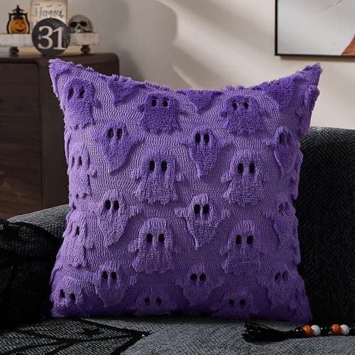 DFXSZ Halloween Pillow Covers 18x18 inch 2Pcs Purple Halloween Decor | Halloween Decorations Set of 2 Throw Pillow Cases Plush Faux Fur Wool Cushion for Chair Sofa Bedroom Living Room Home Decor thumbnail 3