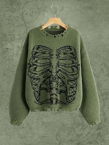 SHENHE Women's Oversized Skeleton Pattern Ripped Round Neck Sweater Pullover thumbnail 3