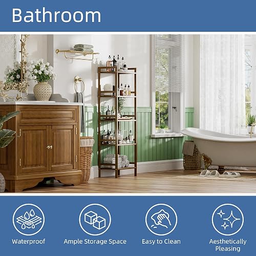HITNET Bamboo Book Shelf, Tall Narrow Bookcase, Bathroom Shelving Unit 5 Tier Floor Standing Adjustable Bookshelf for Small Spaces, Walnut thumbnail 5