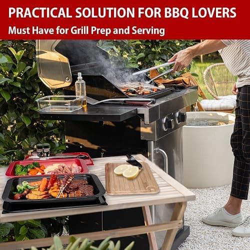 GAYIMEI Deep Grill Carry System with Lids, Cutting Board, Tong, Gift Ready BBQ Carry Tray for Prepping, Marinating and Serving, Diswasher Safe, Nesting Platters Black in Red thumbnail 7