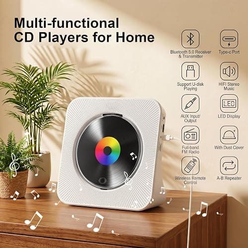Gueray CD Player Portable Bluetooth Desktop CD Player for Home with Timer Built-in HiFi Speakers with LCD Screen Display Boombox FM Radio USB Type-c (White) thumbnail 2