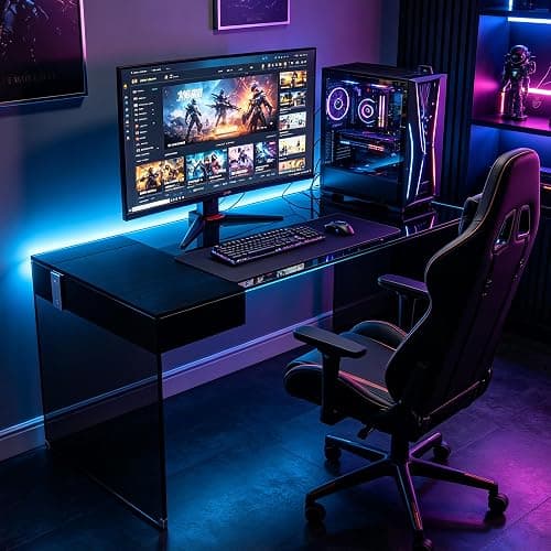 NessCarsti 53.14" Modern Glass Office Desk with Drawer for Home Office | Black Clear Computer Desk with Tempered Glass Tabletop & Legs, Minimalist Stylish Executive Table for Bedroom thumbnail 4