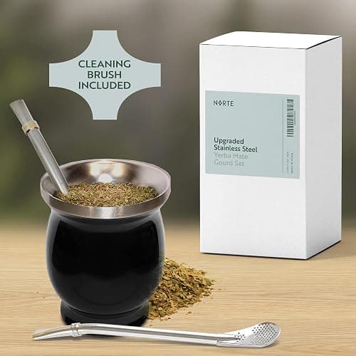 Norte Yerba Mate Cup Kit, 8-Ounces Traditional Mate Tea Cup/Gourd Set | Includes 2 Bombillas (Yerba Mate Straw) & Cleaning Brush, Stainless Steel Cup, Double-Walled, Easy to Clean | Black thumbnail 2