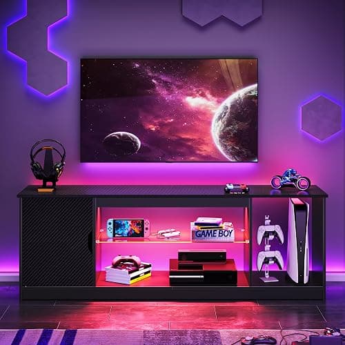 Bestier 145 CM LED TV Stand for 55/60 / 65 Inch TVs Gaming Entertainment Center with Cabinet for PS5 Modern TV Cabinet with Adjustable Glass Shelves for Living Room Bedroom - 145CM - Black Carbon Fiber thumbnail 8
