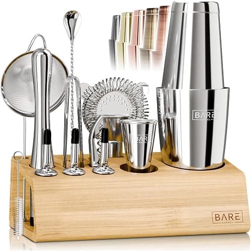 BARE BARREL® Mixology Bartender Kit Bar Set | 14-Piece Cocktail Shaker Set | Martini Barware Mixing Tools for Home Bartending | Incl. 35 Recipe Cards | Gift Set (28oz Boston Shaker, Silver/Natural) - Image 1