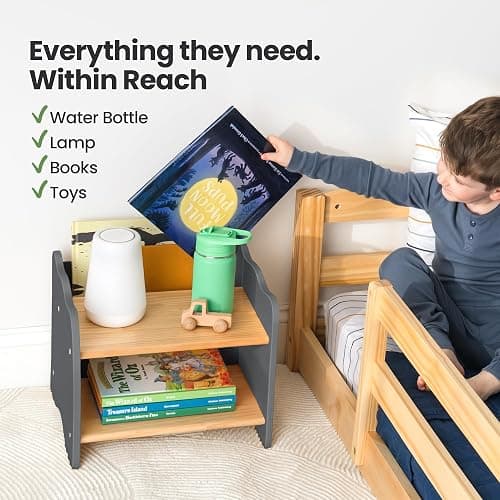Ocodile Kids Nightstand for Floor Beds, Solid Wood Small Bedside Table with Book Pocket, Low Tiny Nightstand for Nursery, Toddler & Kids Room, Montessori Style Side Table - Gray thumbnail 5