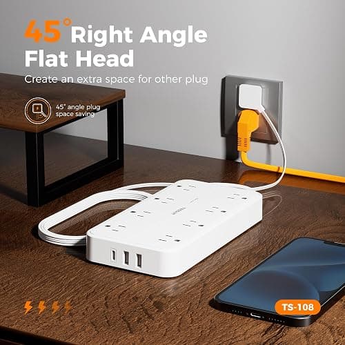 Power Strip with Surge Protection, TESSAN Flat Plug Extension Cord with 8 Outlets 3 USB Ports(1 USB C), 1080 Joules, 6 Ft, Wall-Mounted Charging Station for Apartment Office Dorm Room Essentials thumbnail 3