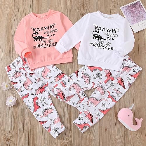BOUTIKOME Toddler Baby Girls Clothes Sets Little Girl Dinosaur Long Sleeve Shirts Tops + Pants 2pcs Fall Winter Outfits thumbnail 7