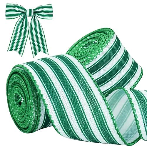 TONIFUL 2 Rolls-2 Inch Green Striped Wired Ribbon, Green and White Stripe Wired Ribbon for Gift Wrapping, Indoor, Bows Making, Wedding Birthday Party Decoration (6yds/roll) - Image 1