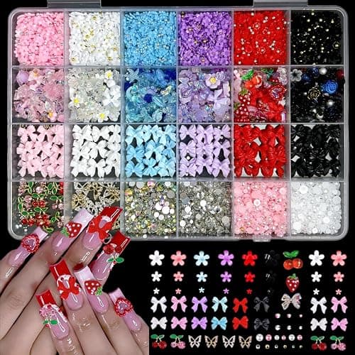 3D Flowers Nail Charms Y2K Kit, Metal Butterfly Cherry Colorful Bow Nail Charms for Nails Art Gems, Flatback Pearls Charms for Nails Bows Manicure DIY Crafts Jewelry Nail Accessories - Image 1