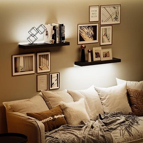 BAMEOS Floating Shelves with LED for Wall, Sturdy Shelves with RGB Light, Wall Mounted Display Shelves, Set of 2, Hanging Shelf for Bathroom, Bedroom, Kitchen, Living Room Storage, Black thumbnail 7