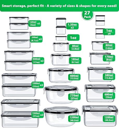 54 Pcs Food Storage Containers with Lids Airtight, (27 Containers &27 Lids) Reusable BPA-Free Plastic Food Containers for Kitchen Organization, Leak Proof Freezer/Microwave Safe Meal Prep Lunch Boxes thumbnail 2
