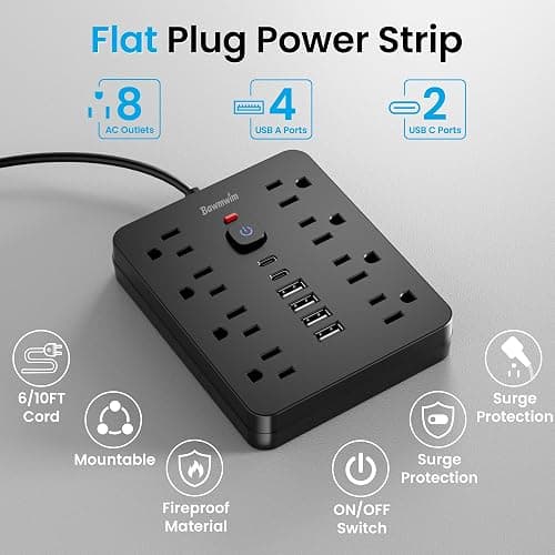 Bawmwim Surge Protector Power Strip, 8 Outlets(1250W/10A), 6 USB Charging Ports(2 USB C), 6FT Flat Plug Extension Cord Outlet Extender with Overload Protection, ETL Certified for Office, Dorm Room thumbnail 3