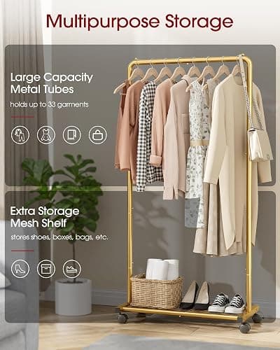 Sakugi Clothes Rack - Clothing Rack with Storage Mesh Shelf & Casters, Heavy-Duty Metal Clothing Rack for Hanging Clothes, Dresses, Coats, Large Load Capacity, Easy Assembly, Gold, 28.0"x16.9"x59.0" thumbnail 6