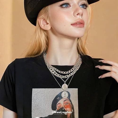 GAUEIOUR Punk Chunky Chain Necklace, Multi Layered Queen Engraved Coin Alloy Pendant, Round Hip Hop Necklace, Exaggerated Cuban Necklace, Thick Collar Jewelry For Women And Girls (Silvery) thumbnail 6