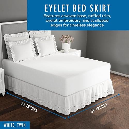Fresh Ideas Eyelet Bed Skirt, Ruffled Design, 14 Inch Drop, Embroidered Scalloped Edge, Twin, White thumbnail 2