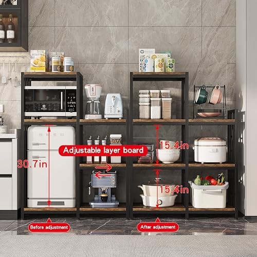 jarrvz 6-Tier Kitchen Bakers Rack, Freestanding Mini Fridge Stand Height Adjustable Bakers Rack with Storage, Sturdy Microwave Stand with Storage, Mini Fridge, Coffee Bar for Living Room Rustic Brown thumbnail 3