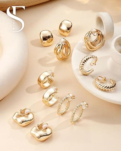 FIBO STEEL 10 Pairs Clip On Earrings for Women Non Pierced Ears CZ Pearl Knot Twist Chunky Hoop and Studs Earring Set Ear Clips Jewelry 14K Gold Plated thumbnail 5