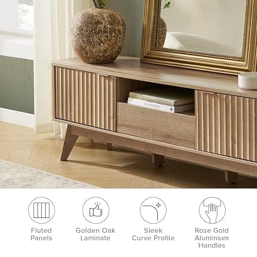 mopio Brooklyn Mid-Century Modern TV Stand, for TVs up to 50” / 59" Waveform Panel, Sleek Curved Profile with Adjustable Shelf and Sturdy Box Frame Leg (Golden Oak, 57") thumbnail 6