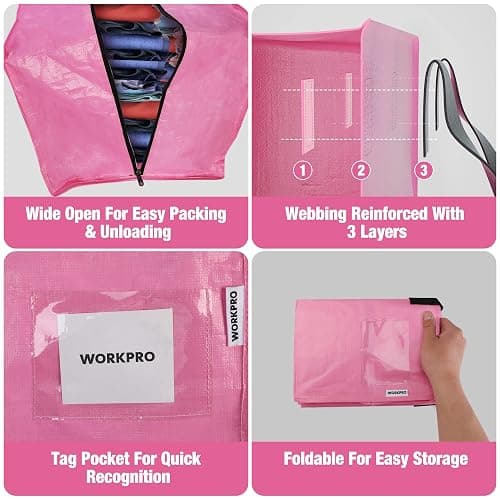 WORKPRO 6 Pack Extra Large Moving Bags with Zippers & Carrying Handles Backpack Straps, Heavy-Duty Storage Tote for Space Saving Moving Storage (Pink) thumbnail 5