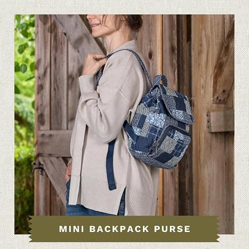 Bella Taylor Mini Backpack, Quilted Hands-Free Bag, Heritage Blue Patch | Lightweight 6-pocket quilted cotton backpack, adjustable straps, machine washable, fits water bottle, tablet, snacks, wallet thumbnail 2