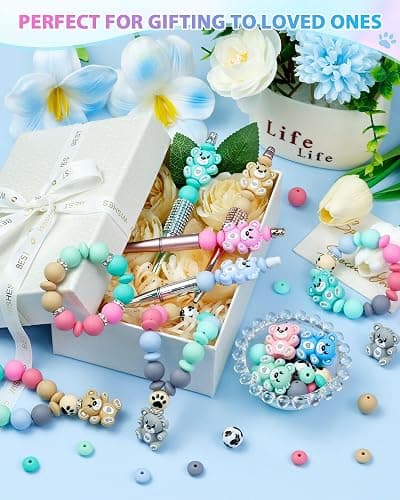 124PCS FIVEIZERO Silicone Focal Beads for Keychain Making, Animal Bear, 15mm Round 12mm Lentil & 10mm Rhinestone Beads for Pens, Bracelets & Crafts with Elastic Cord & Scissors thumbnail 2